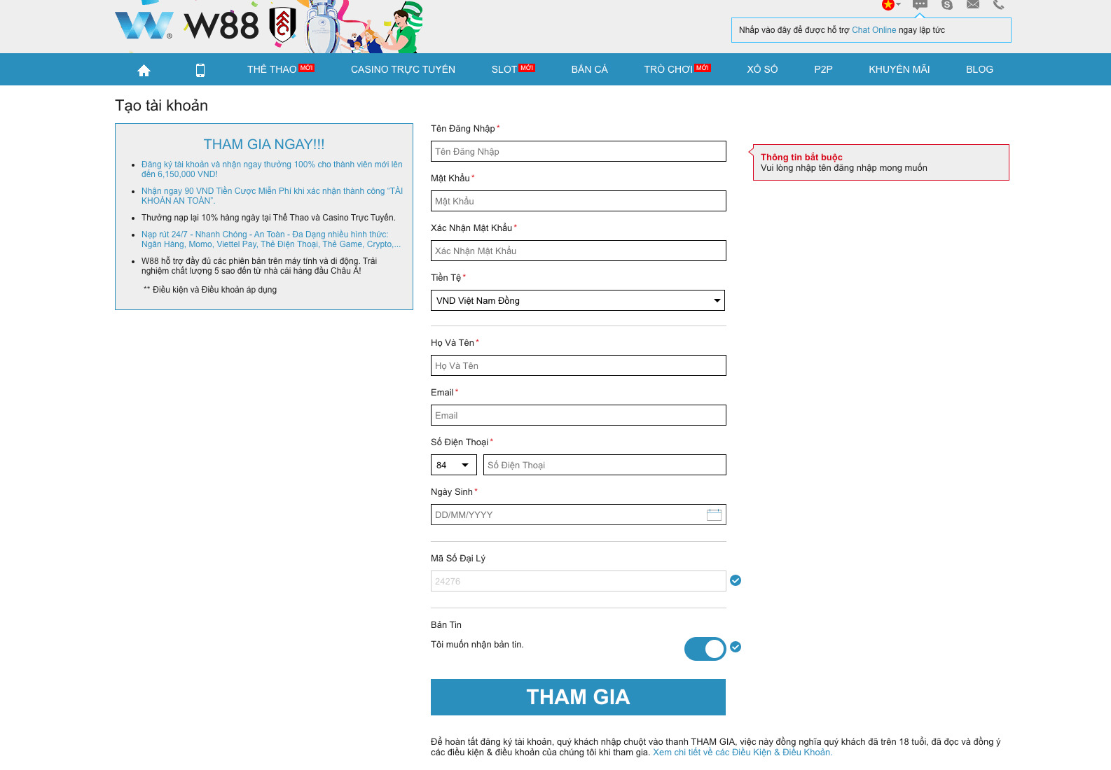 Hoàn thiện thông tin đăng ký nhà cái W88 yêu cầu